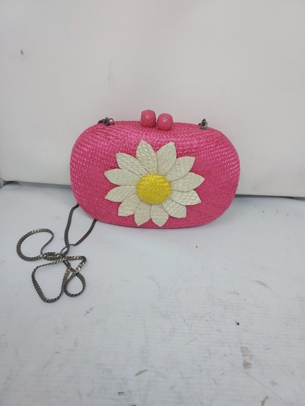 Serpui Pink Daisy Flower Straw Whicker Clutch Bag